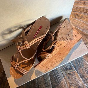 Prada Designer Brown Strappy Knot Leather Cork Platform Heels / Wedges